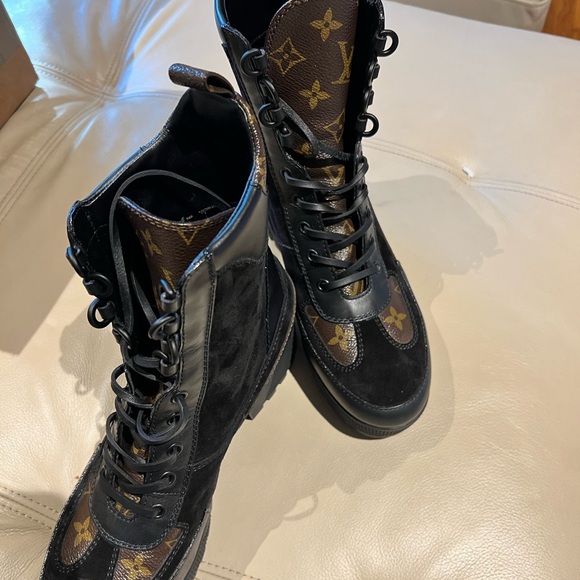 Black and Brown Monogram Lace-Up Boots